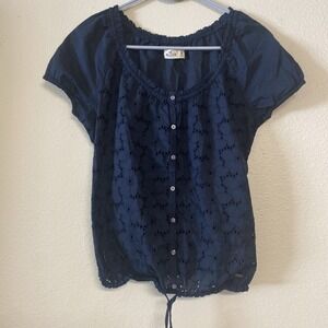 Hollister Navy Blue Eyelet Boho Blouse Size M Cottagecore Peasant Top Y2K